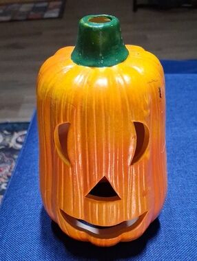 Mid-century Modern Orange Ceramic Pumpkin Lantern with Green Stem